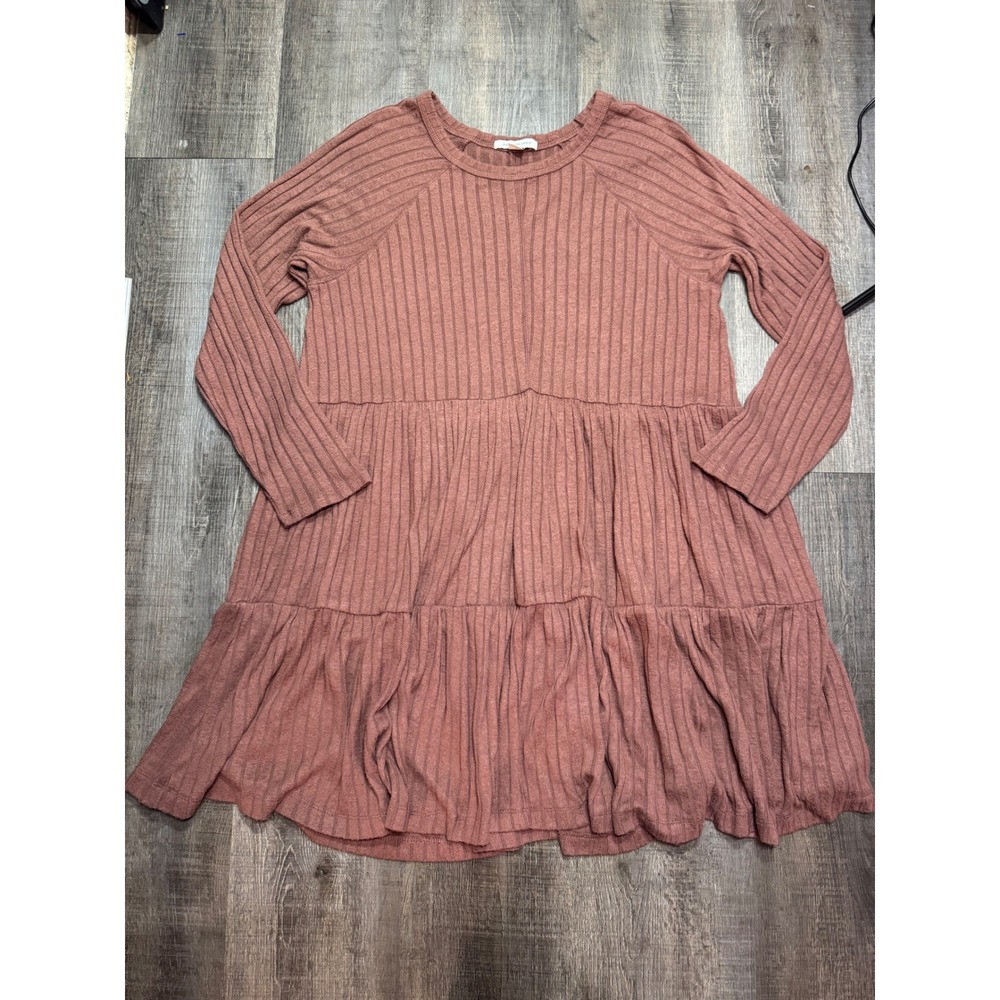 American Eagle Ribbed Tiered Babydoll Mini Dress Mauve Pink Long Sleeve Large